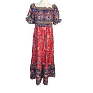 NEW Bohemian Large Floral Boho Maxi Dress Smocked Bodice & Puff Sleeves